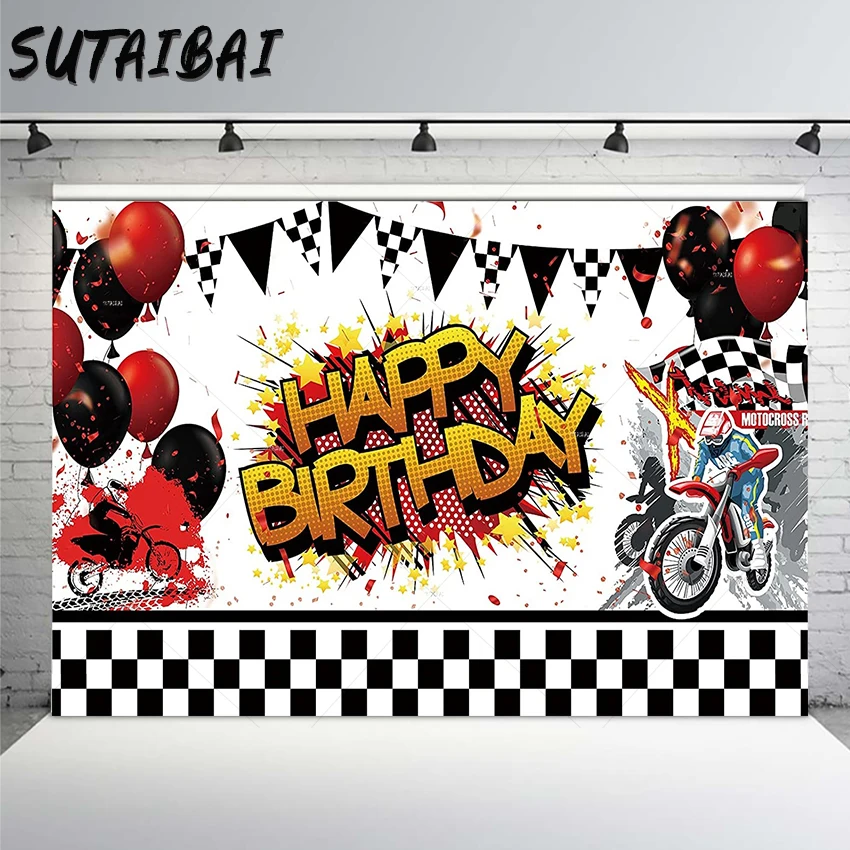 Motocross Happy Birthday Background Decoration Boy Motorcycle Racing Match Sport Birthday Party Supplies Black White Flag Banner