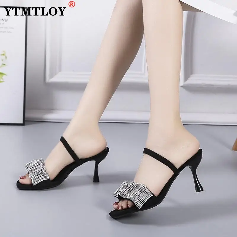 Туфли женские с открытым носком элегантные шлепанцы высокий тонкий каблук