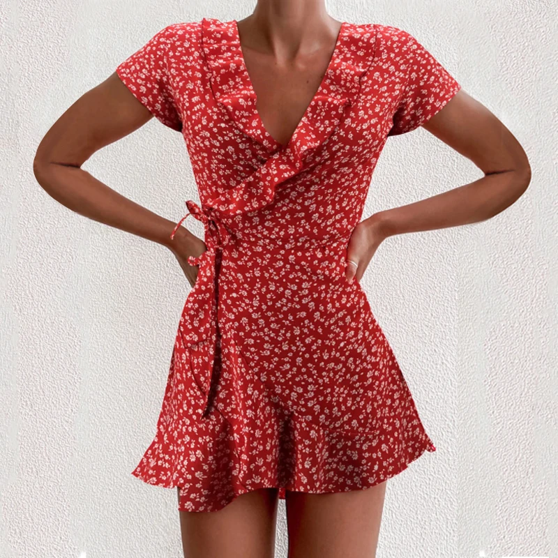 

Women Fashion Short-sleeved Print Dress Summer Elegant Floral Ruffles V-neck Bandage Short Dress