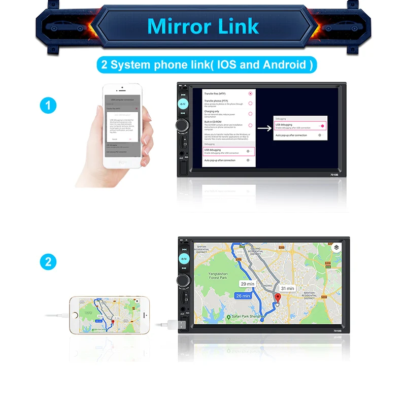 Автомагнитола 2 Din с сенсорным экраном 7 дюймов Bluetooth Android и IOS зеркальная связь