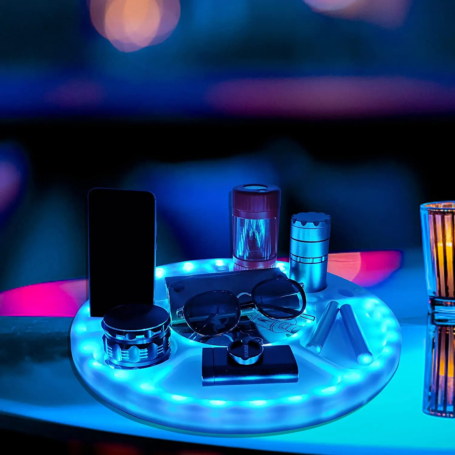 

Flashing Round Weed Rolling Voice Control Tray 7 Colors Circular Partition Type Storage Herb Glow Tray Tobacco Accessories Women