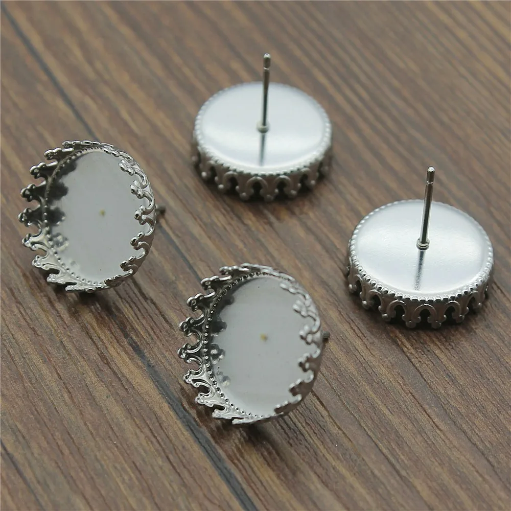 

20pcs Fit 15mm 12mm Glass Cabochon Earring Studs Stainless Steel Crown Edge Earrings Base Bezels Earring Making