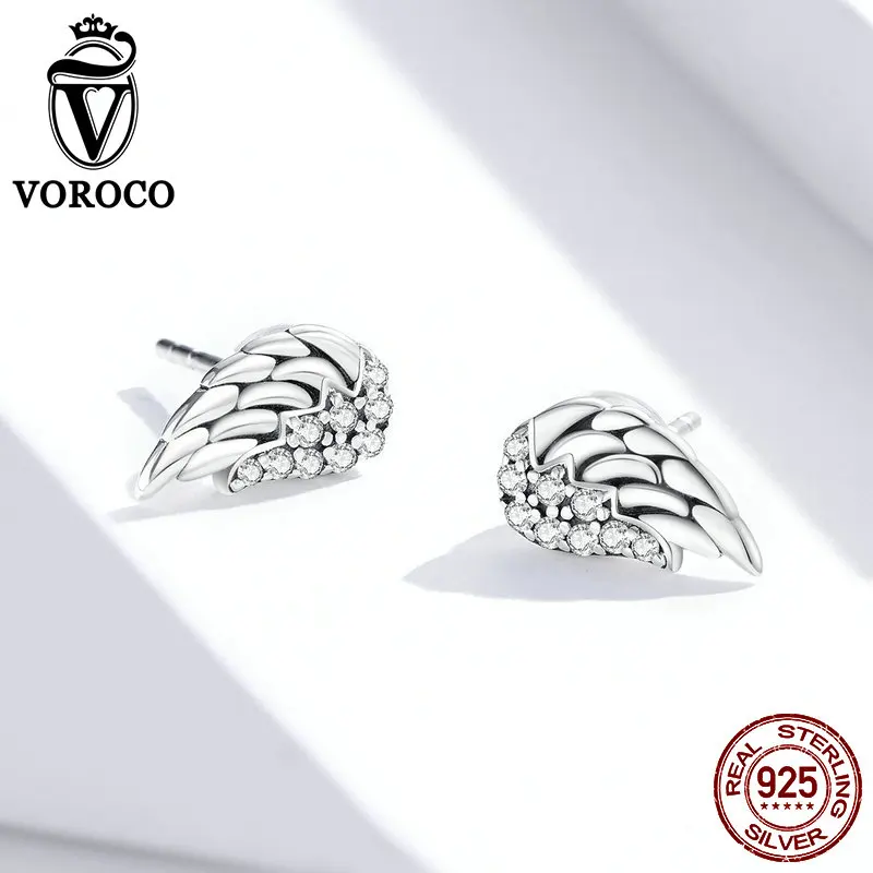 Серьги гвоздики VOROCO BKE882 из настоящего серебра 925 пробы с изображением крыльев