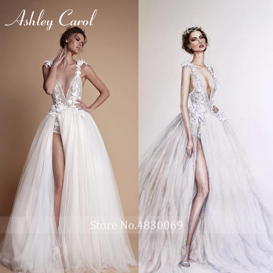 Пляжное свадебное платье Ashley Carol 2022 на тонких бретелях с открытой спиной цветами