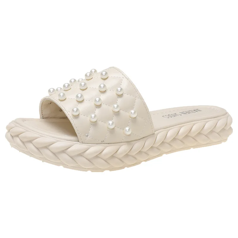 

Korean Ladies House Slippers Pearl Thick Bottom Diamond Pattern Fashion Home Sandals Breathable Black Women Slides High Quality