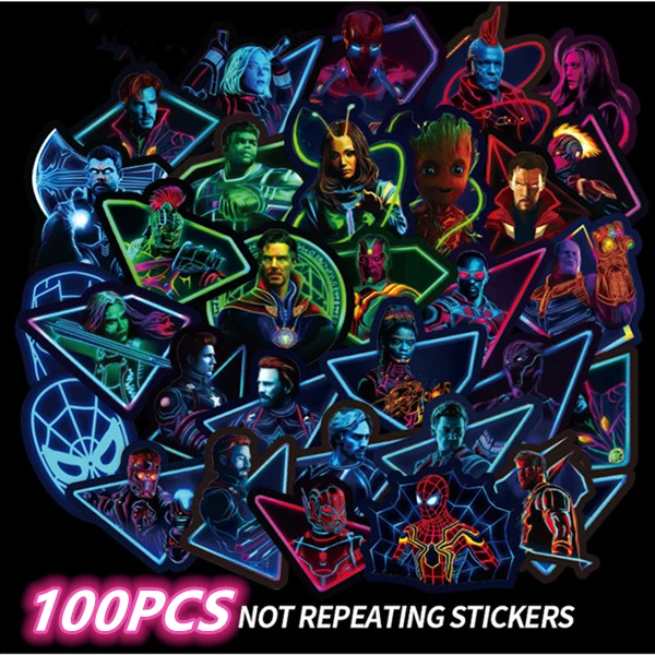 100PCS no repeat 49/100 шт. поддельные Ночной светильник с принтами "Marvel", "Мстители", с героями из мультфильмов и Граффити стикер чемодан Гитары автомобильные наклейки из ПВХ водонепроницаемый - Цвет: 100PCS no repeat