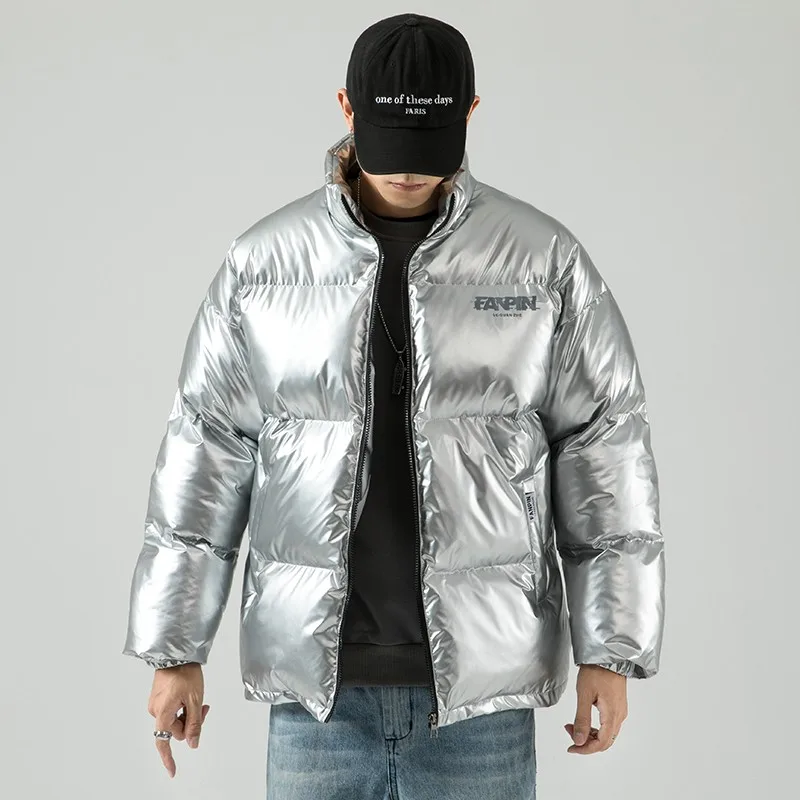 FOJAGANTO Silver Shiny Men Winter Coat Fashion Hooded Warm Thicken Blue Cotton Padded Jacket 2020 New Parka Male | Мужская одежда