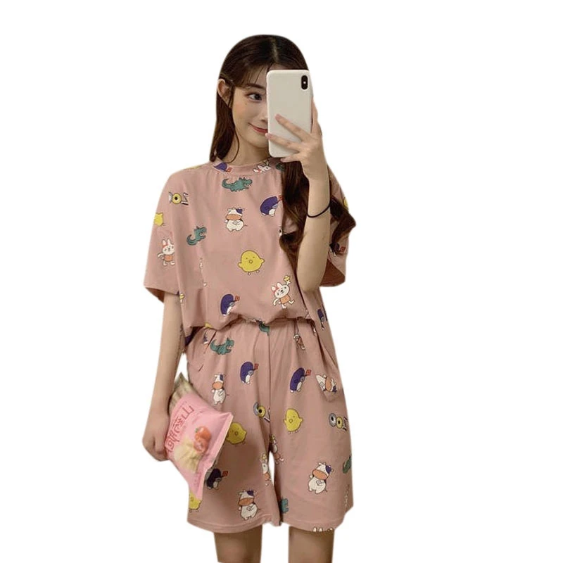 

Women Summer Short-sleeved Pajama Sets Two Pieces Ladies Sweet Kawaii Loose Plus Size Girl Two-piece Soft Sleepwear