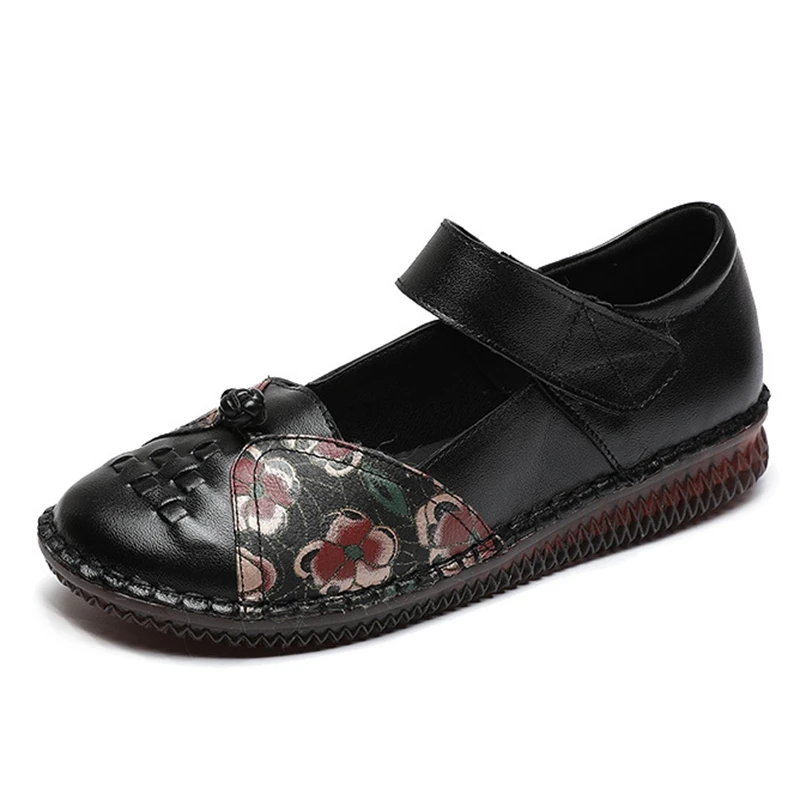 

Ethnic style cowhide mother shoes middle-aged and elderly hand-knitted shoes retro single shoes Velcro flat bottom women's shoes