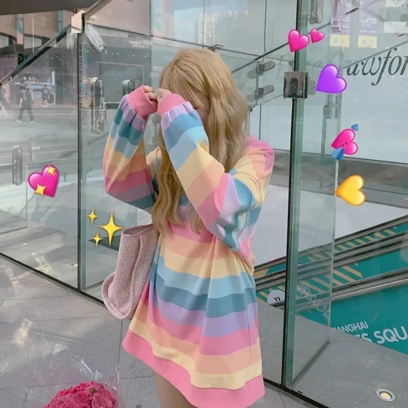 Harajuku Style Kpop Striped Shirts Loose Sweatshirt Women Long Sleeve Pullover Kawaii Clothes Colorful Rainbow Student Girl Tops