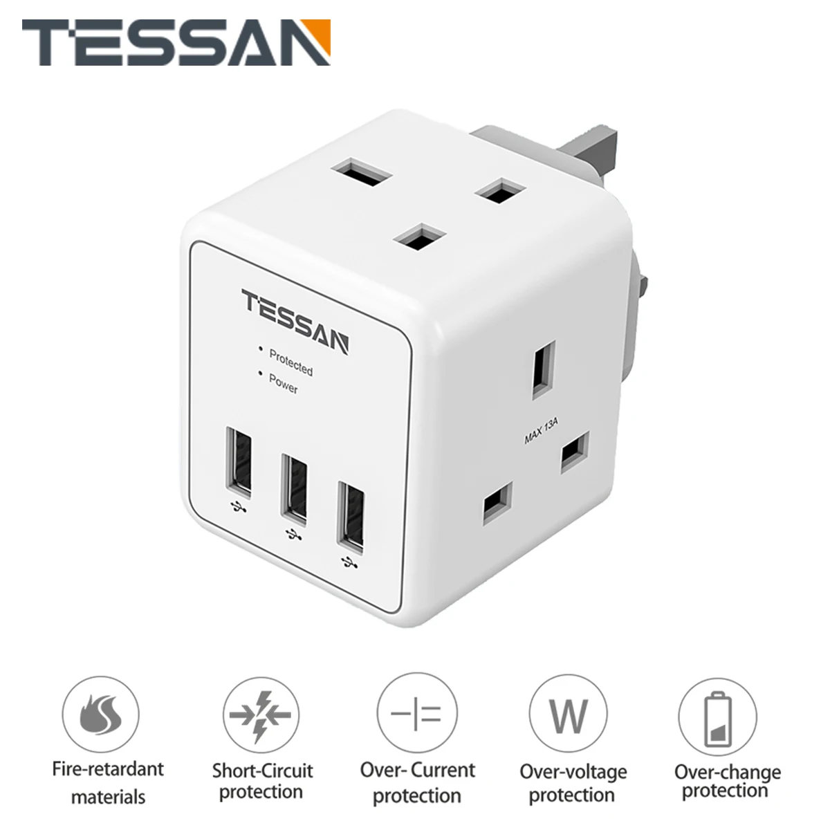 

TESSAN Cube Plug Extension Adapter with 2 Way Outlets and 3 USB Ports (3250W/13A), UK 3 Pin Wall Socket Charger Surge Protection