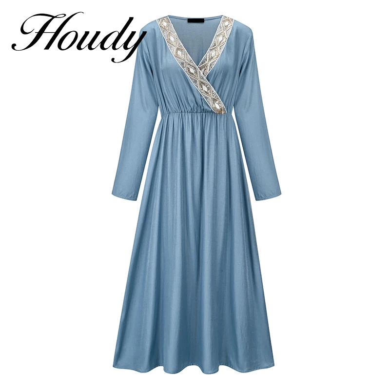 

Женское платье-трапеция с V-образным вырезом, длинным рукавом и поясом