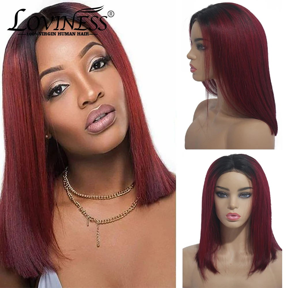 

Ombre Burgundy Bob Wig 180 Density Colored 1B/99J Human Hair Lace Front Wig Glueless Dark Roots Straight Short Bob Wig Loviness