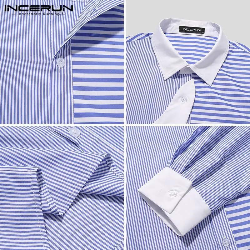 

2021 Spring Striped Men Shirts Fashion Long Sleeve Lapel Blouse INCERUN Man Irregular Patchwork Camisa Leisure Button Shirts 5XL