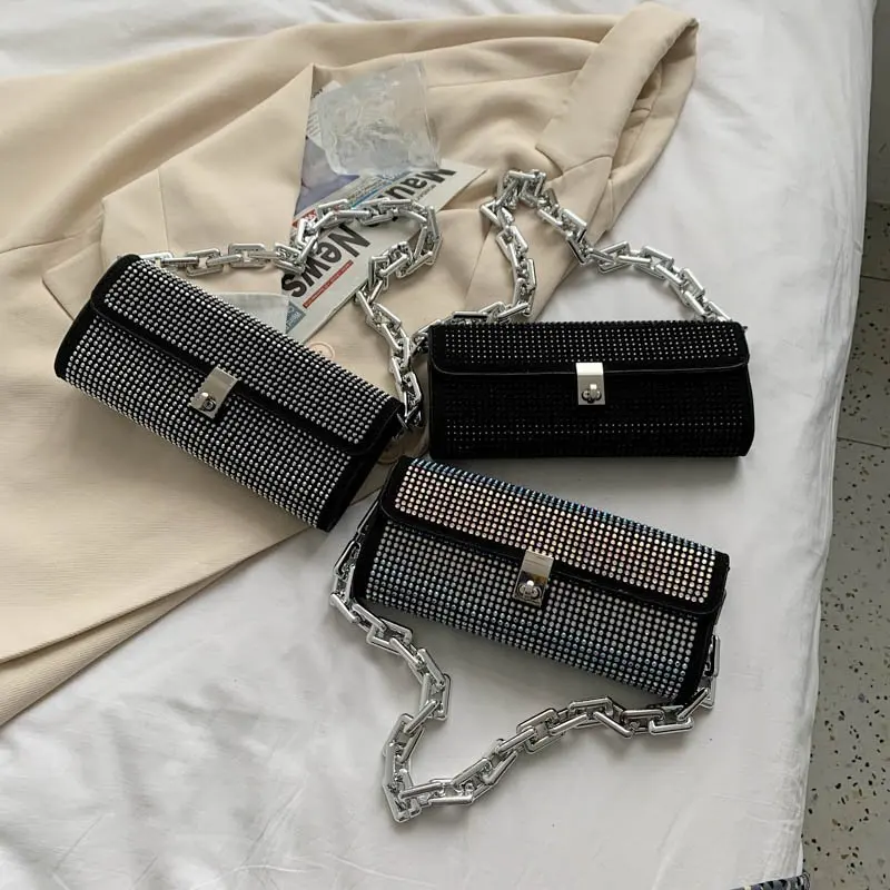 

Fashion New Shiny Diamond Women Messenger Bags Soft PU Soid Handbags Hasp Single Metal Chain Strap Shoulder Bags Mini Flap Party