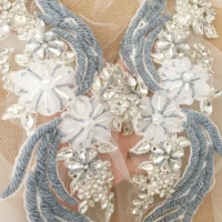 1 pair 2 pieces 3d flower couture rhinestone beading iron on applique bridal bodice belt sash wedding motif 16x44cm