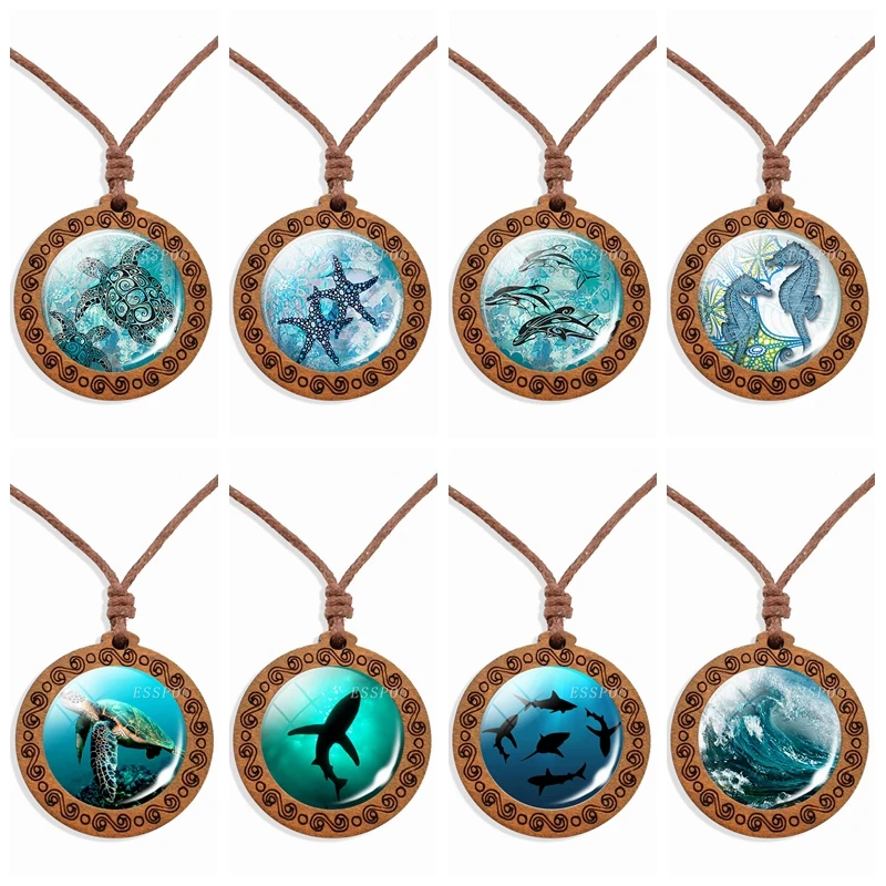 Ожерелье с черепашкой дельфином и морской звездой стеклянный кабошон деревянная