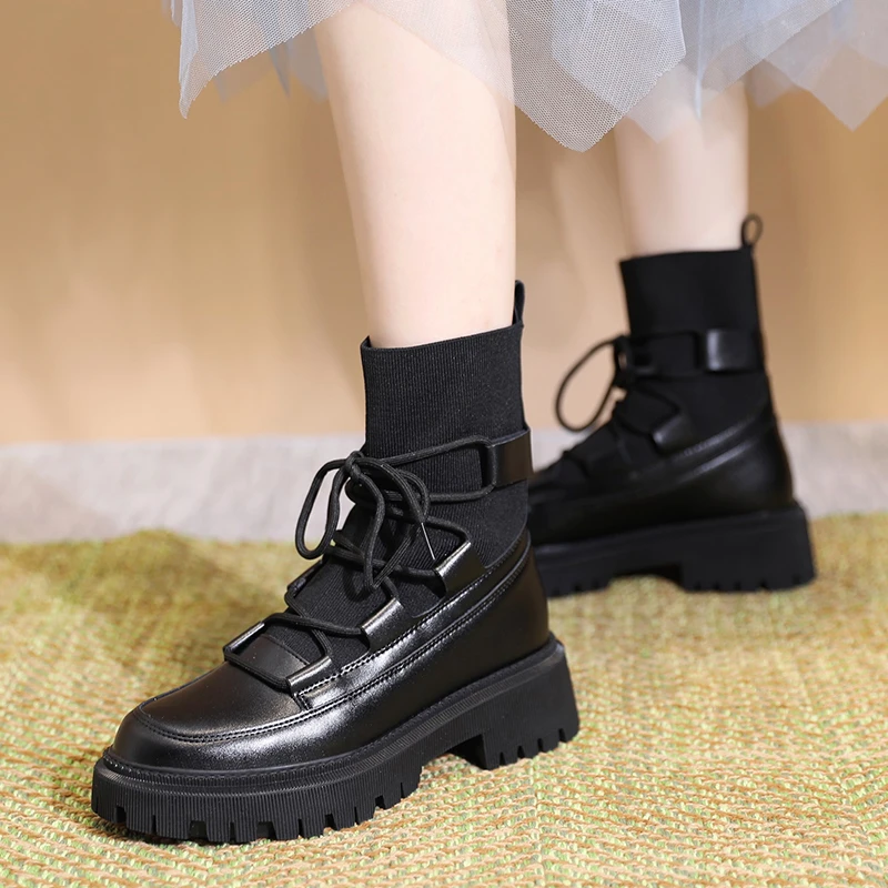 

Rimocy 2021 Autumn Women Socks Boots Knitted Platform Thick Heel Ankle Boots Woman Elastic Cloth Lace Up Short Booties Mujer