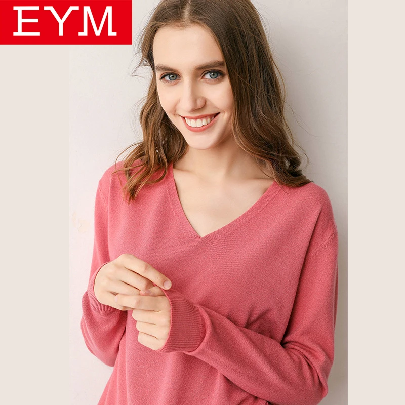 Женский вязаный пуловер однотонный свободный свитер с v-образным вырезом и