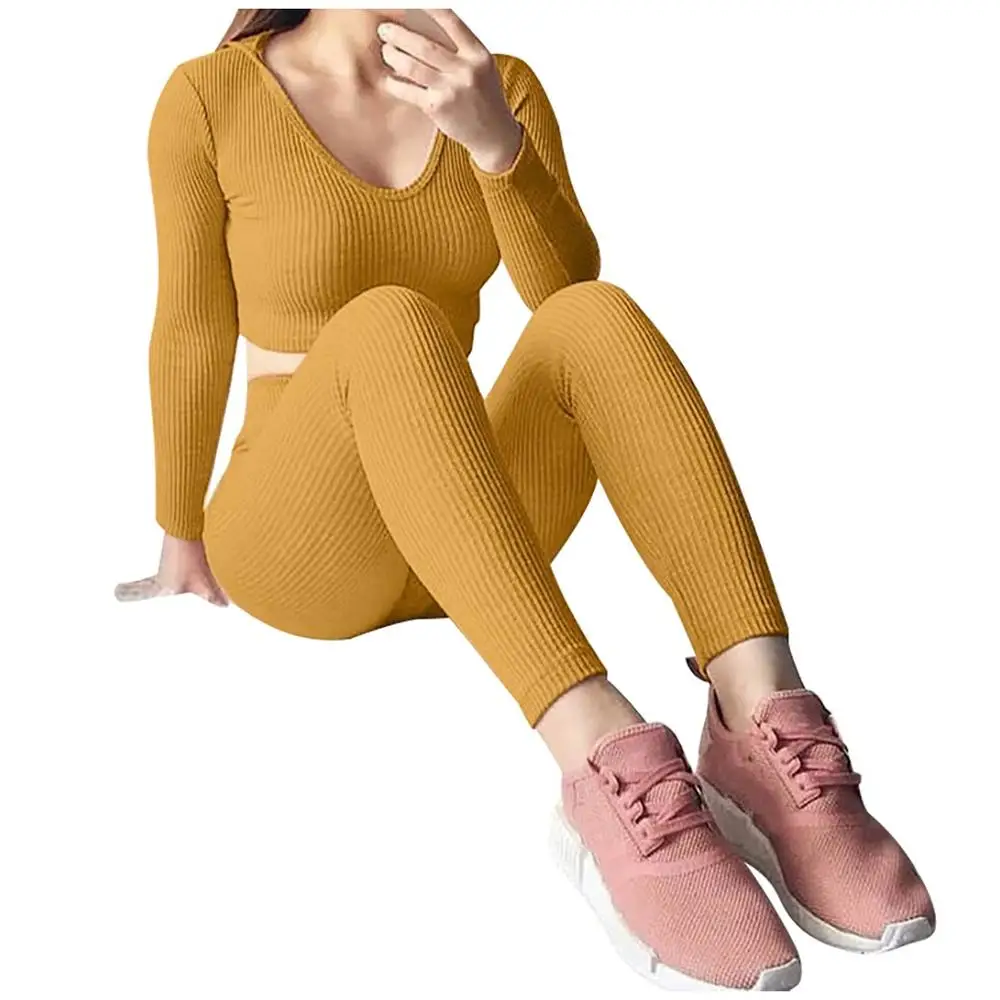 Yellow Зимний спортивный костюм 2 шт. брючный костюм для женщин вязаный с длинным рукавом комплект из двух предметов топ и брюки женский костюм верхняя одежда в Корейском стиле - Цвет: Yellow
