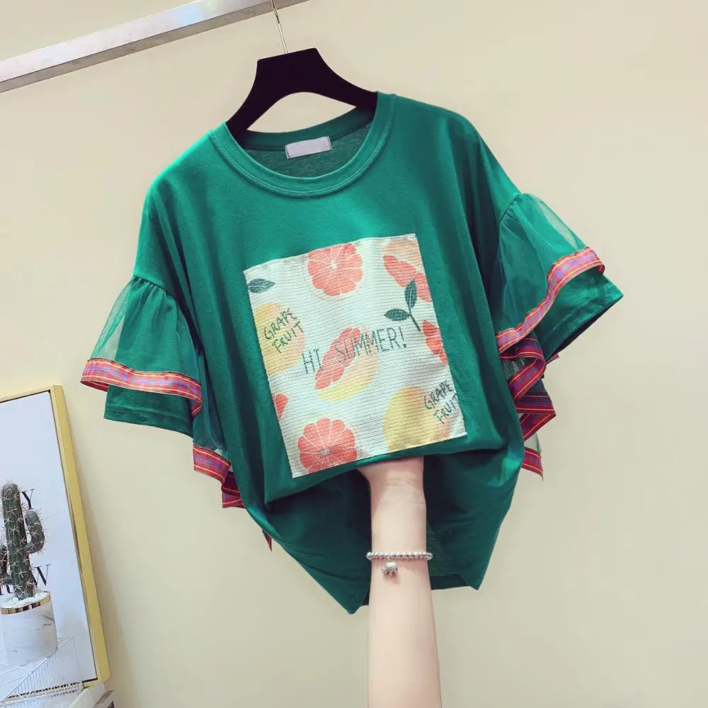 

Women New Summer T-shirt Korean Round Collar Loose-fitting Shirt All Match Ruffles Sleeves Splice Printing Short-sleeve TeeShirt