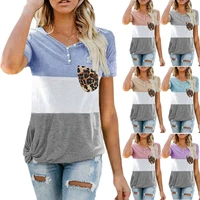 womens t shirt with short sleeved stitching and twisting contrast print casual outfit tops leopard print pocket t shirt
