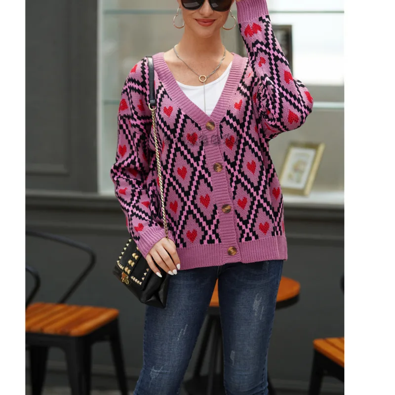 

Женский вязаный свитер на пуговицах, Повседневный пуловер с V-образным вырезом и длинным рукавом, свободный джемпер фиолетового цвета, осен...
