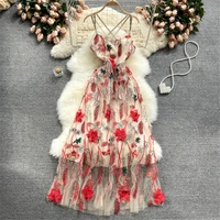 women embroidery mesh khaki dress summer vintage backless sling dresses fashion party sexy strap gown elegant sundress 2021
