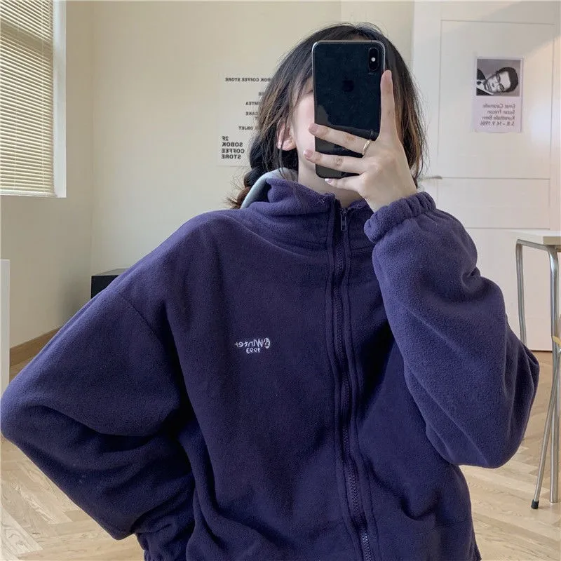 Harajuku Long Sleeve Oversized Hooded Sweatshirts Women Winter Vintage Clothes Woman Warm Thick Jacket Sweetshirt Zip Up Hoodies