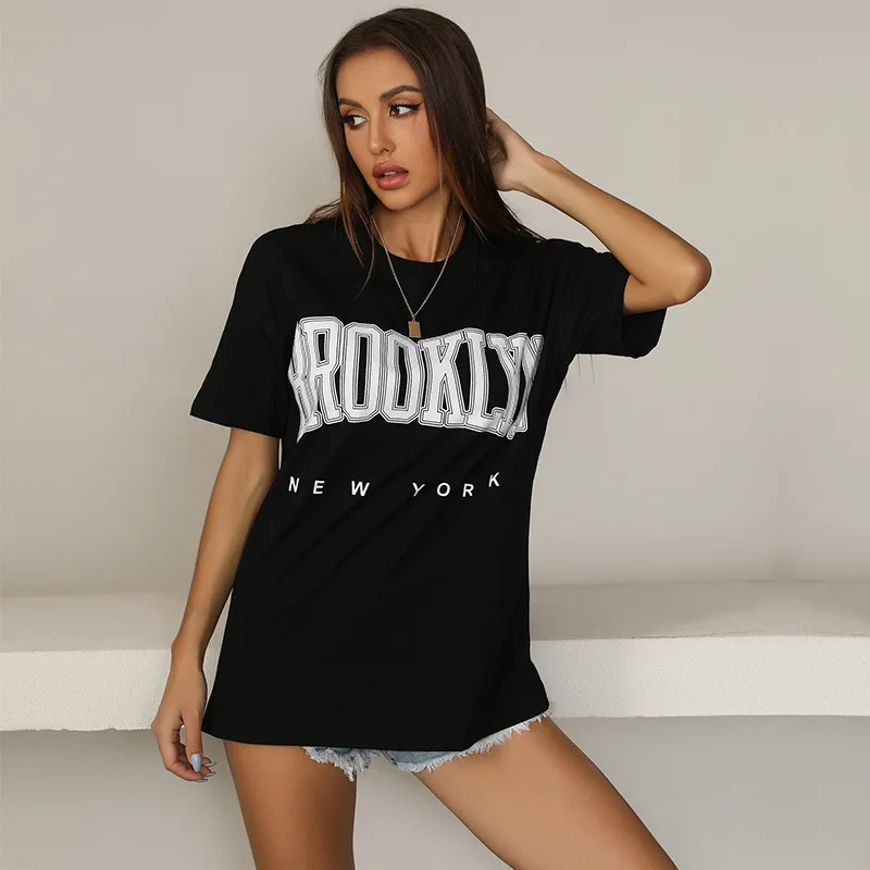 

Spring and summer new short sleeve round neck Pullover T-shirt European and American solid color English printing loose casual w