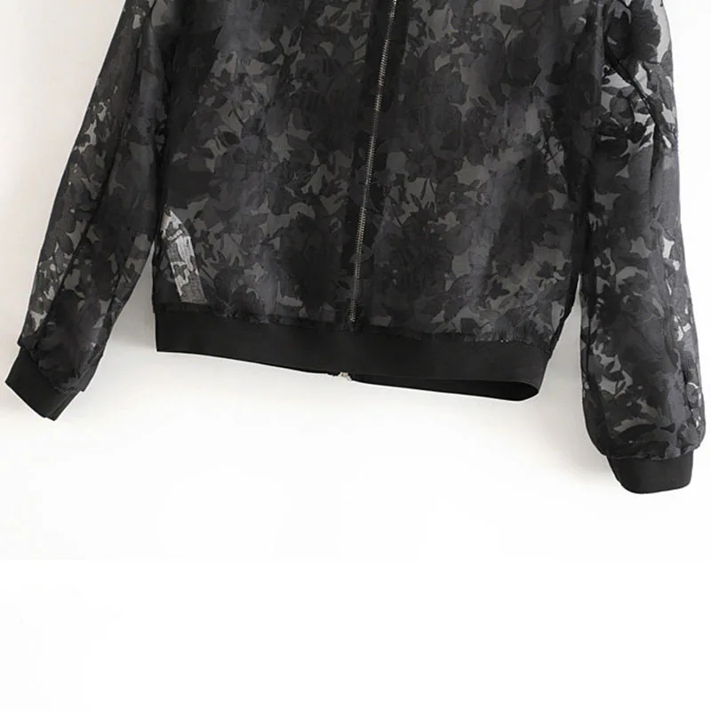 Ветровка короткая черная куртка на молнии с кружевом Осенняя мода Повседневная