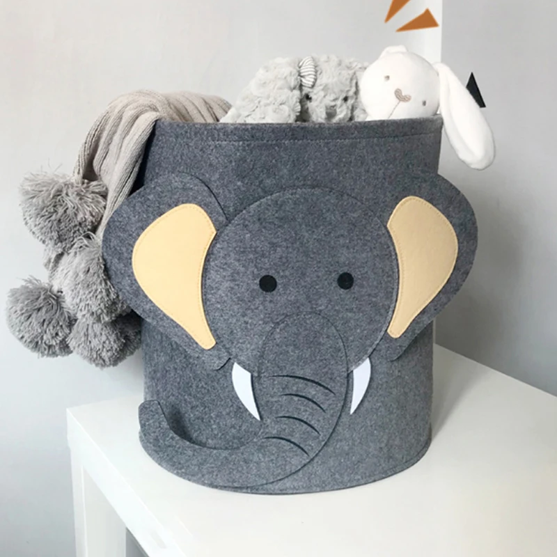 Cartoon Animal Felt Storage Bucket Dirty Clothes Toy Round Lion Shark Elephant Pattern | Дом и сад
