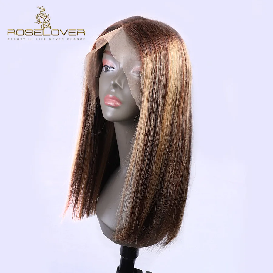 Roselover Боб 13*6 синтетические волосы на кружеве парики 8-1" 150% плотность средний коэффициент#1B/430 Ombre Preuvian Remy Предварительно выщипанные волосы