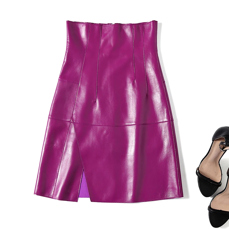 

OL Elegant 100% Genuine Leather Skirts Women Streetwear Slim High Waist Wrap A-Line Sheepskin Midi Skirts Party Purple Skirts