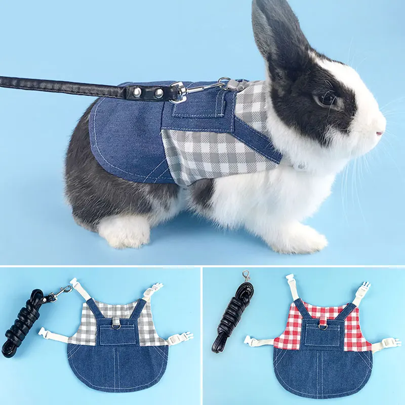 

Pet Rabbit Clothes Denim Jacket Coat Small Animal Harness Leash Vest Bag Hat Set For Ferret Bunny Hamster Small Pet Supplies