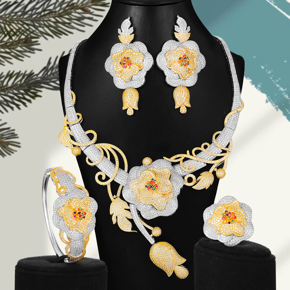 

GODKI 4PCS Big Fashion Luxury Flowers African Jewelry Set For Women Wedding African Cubic Zirconia Dubai Bridal Jewelry 2020
