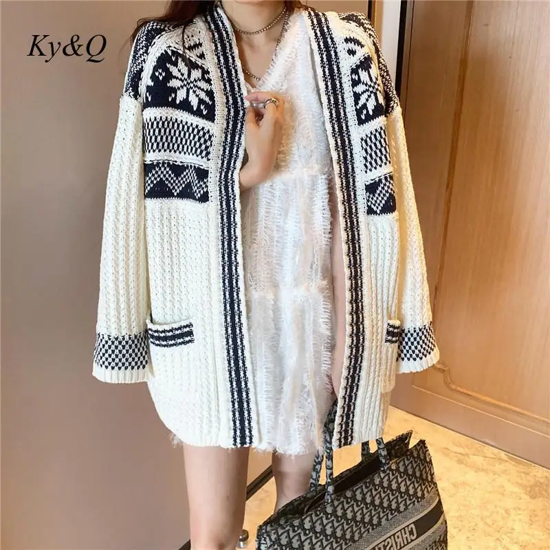 Brand Designer Vintage 2019 New Snowflake Striped Knitted Flower Long Cardigan Sweater Women Coat V-neck Sleeve Clothing |