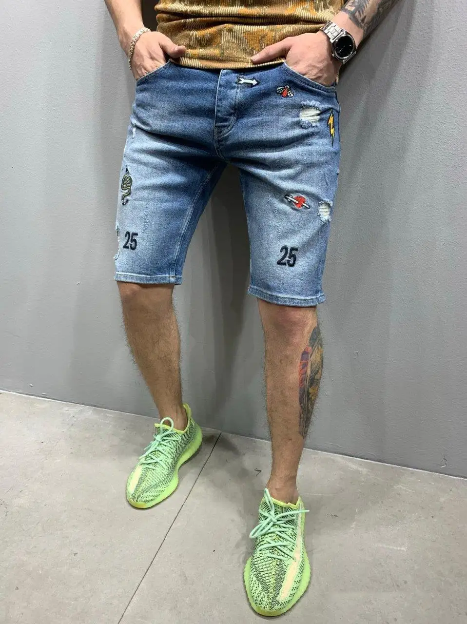 

Premium - Sky Blue Sticker Patched Mens Denim Shorts