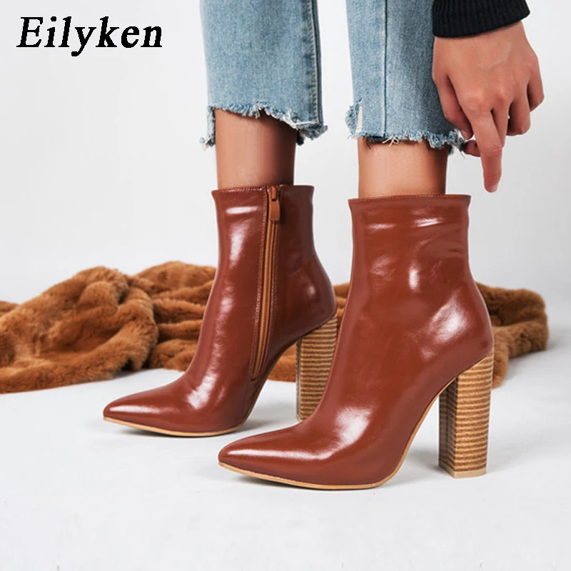 Eilyken/женские ботинки из искусственной кожи; зимние ботинки с острым носком на высоком каблуке; модные мотоботы на молнии; цвет коричневый; размеры 41, 42