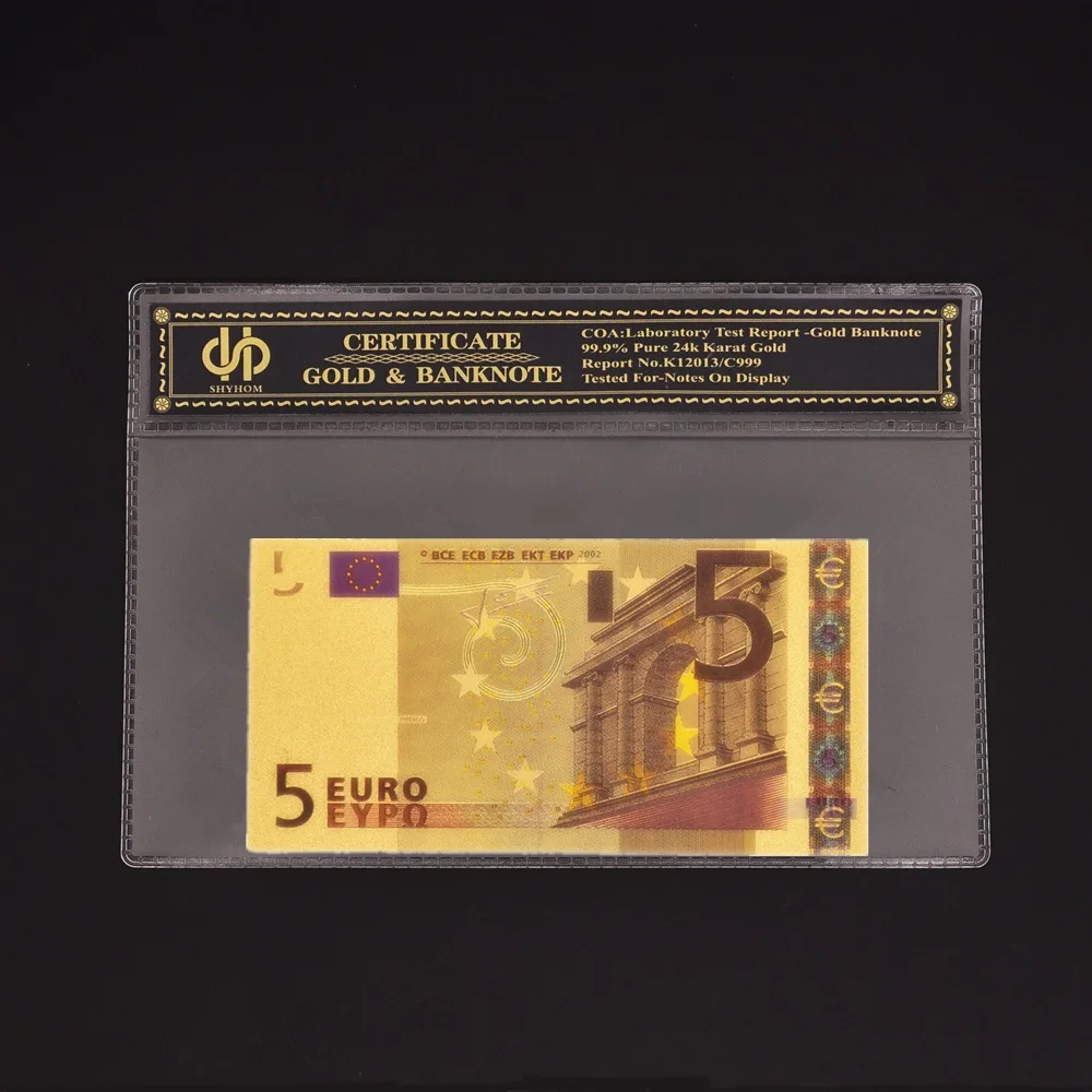 

Euro 5 Banknote Bill Gold Foil Color Banknote Currency With COA Frame Certificate