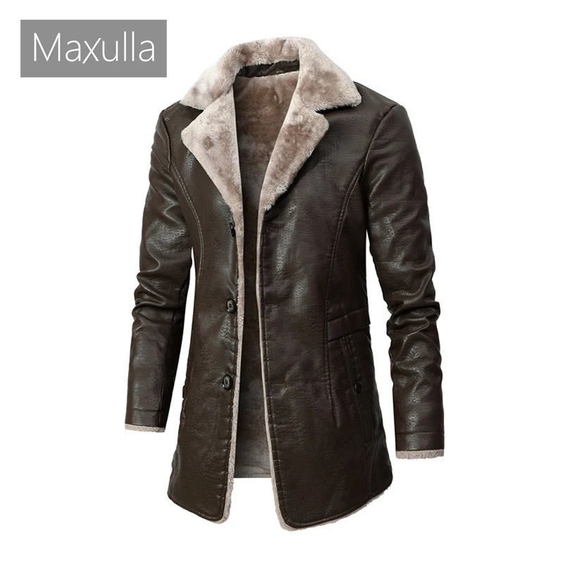 Maxulla Winter Men's PU Jackets Casual Fleece Warm Motorcycle Leather Jacket Male Mid-Long Slim Fit  Leather Coats Mens Clothing