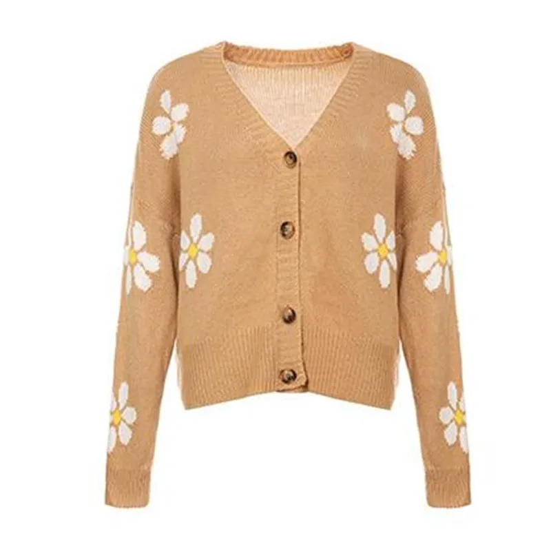 

2021 New Sweater Cardigan Women's Flower Knitted Sweaters Preppy Style Autumn Loose Long Sleeve Outwear Female Short Button Coat