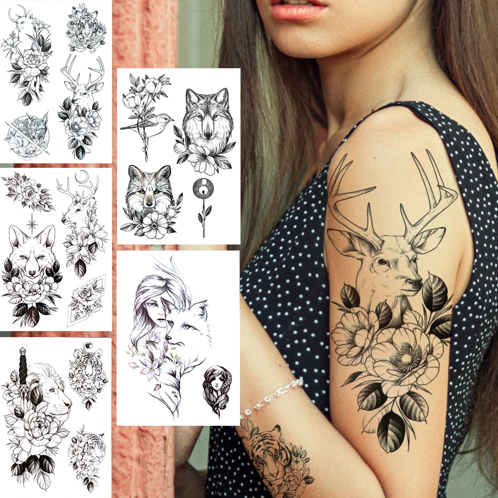 

Deer Flower Temporary Tattoos For Women Men Adults Black Wolf Fox Lion Tiger Tattoo Sticker Fake Sword Elk Tatoos DIY Covers Ups