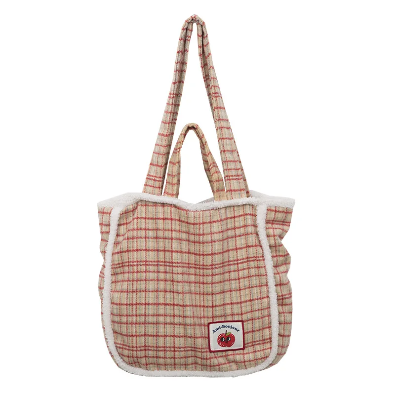 

Korean Fashion Plaid Shoulder Bag for Women 2021 Winter Cute Woolen Large Capacity Tote Crossbody Messenager Bag Handbag Purses