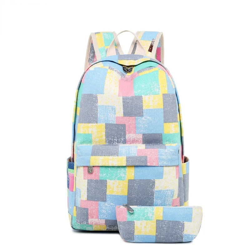 Canvas Backpack Retro Old Color Printing Color Contrast Backpack Female Middle School Student Korean Style Fresh Schoolbag