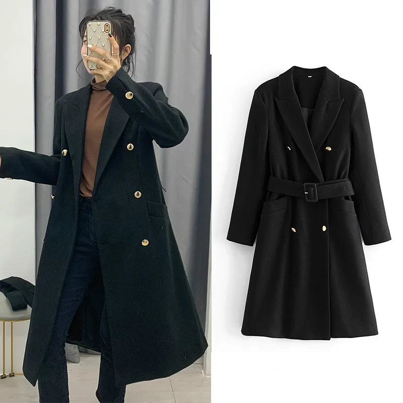 

Женский блейзер Za 2020, офисные женские однотонные черные длинные куртки с бантом и поясом, Осенние твидовые пальто, Женский блейзер, куртки