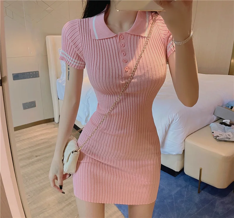 

Women's Knitted Dress Summer New French First Love Sweet Temperament Polo Collar Short Skirt Slim-Fit Hip-Wrapped Short Dress