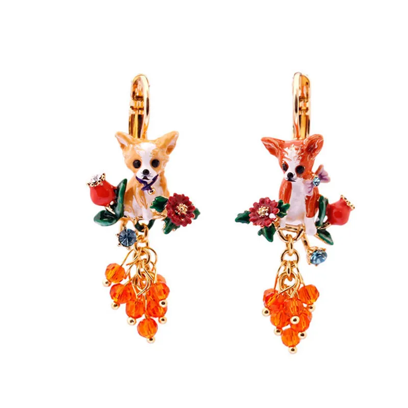 

European and American Fashion Chihuahua Series Enamel Glaze Puppy Animal Earrings Tassel Pendant Ear Clip Without Pierced Ears