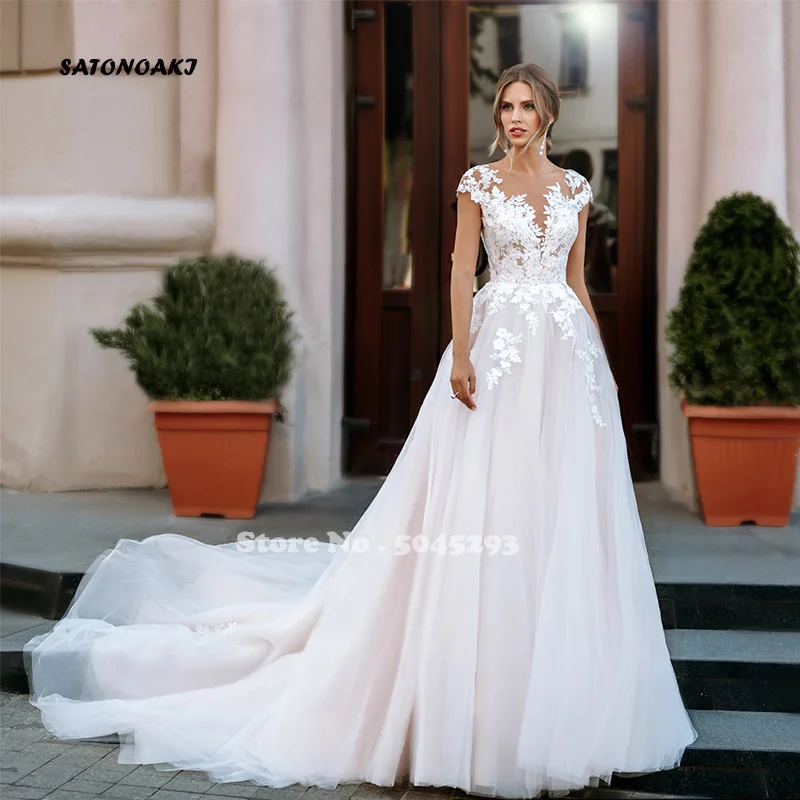 

Elegant Boho Wedding Dress 2021 Cap Sleeve Scoop Neck Lace Appliques Court Train Tulle Bridal Gown Vestido Noiva Robe De Mariée
