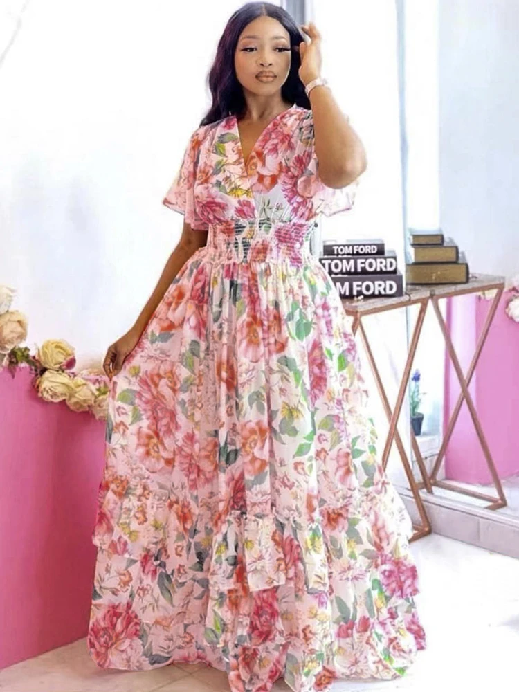 African Print Long Dresses For Women Boho Floral Chiffon Dress Ankara Dashiki Party Gown Abaya Elegant Ladies Summer DR-173